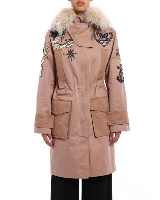 Valentino Garavani Pink Fur Trim Tattoo Embroidered Parka