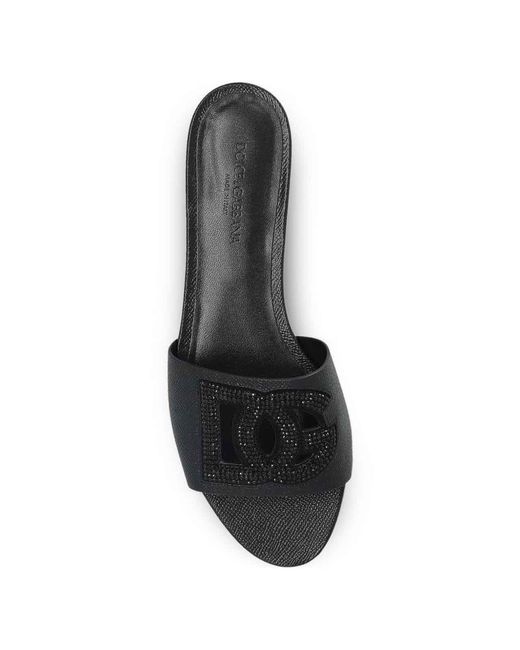 Dolce & Gabbana Black Dg Logo Leather Flat Sandals