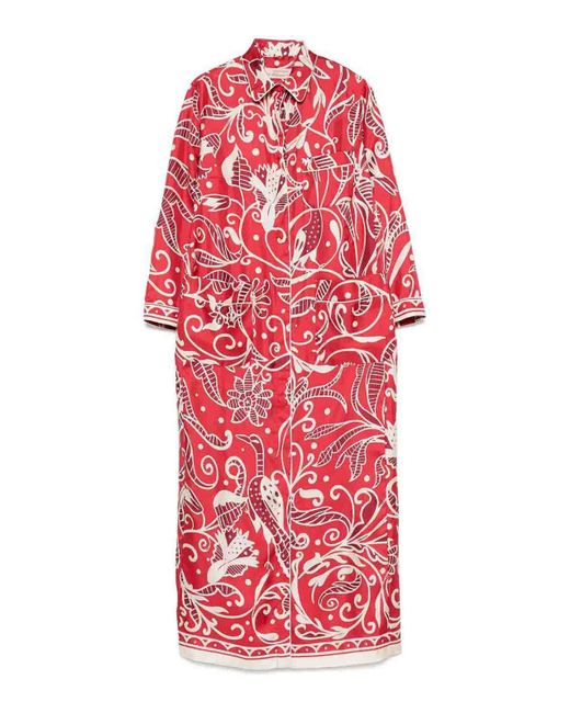 F.R.S For Restless Sleepers Red Printed Silk Long Shirtdress