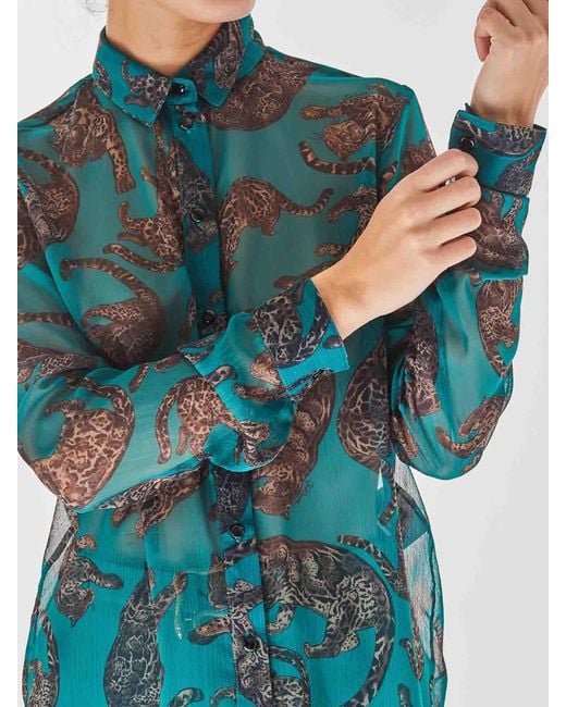 Just Cavalli Green Crepe Leopard Shirt