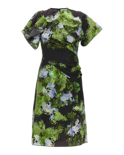 Victoria Beckham Green Floral Print Mini Dress With Cape-Style Sleeves