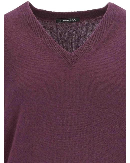 Canessa Purple Ribbed Cashmere V-Neck Sweater