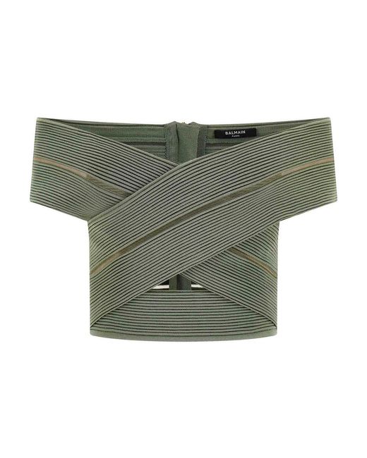 Balmain Green Off-The-Shoulder Crop Top