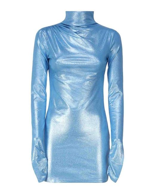 ANDAMANE Blue High Neck Dress With Neckline
