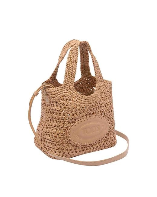 Tod's Natural Mini Rafia And Leather Shopping Bag