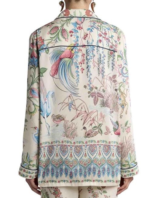 Etro Gray Twill Shirt With Placed Flora And Fauna Print
