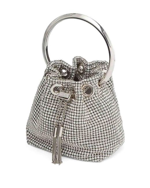 Jimmy Choo Gray Micro Bon Bon Crystal Embellished Bucket Bag