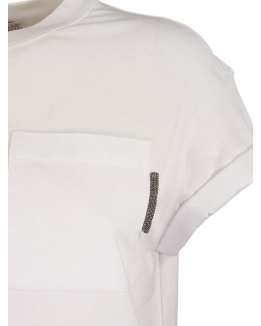 Brunello Cucinelli White Rhinestones Detailed Chest Pocket T-Shirt