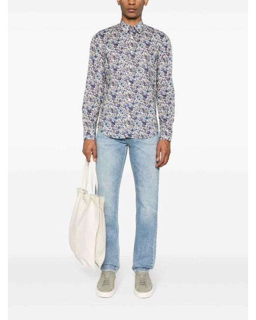 Paul Smith Blue Floral-print Organic Cotton Shirt for men