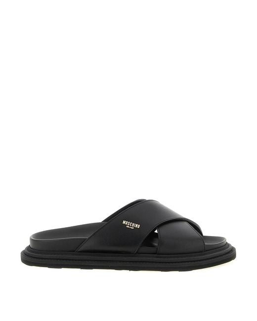 Moschino Black Leather Sabots With Logo