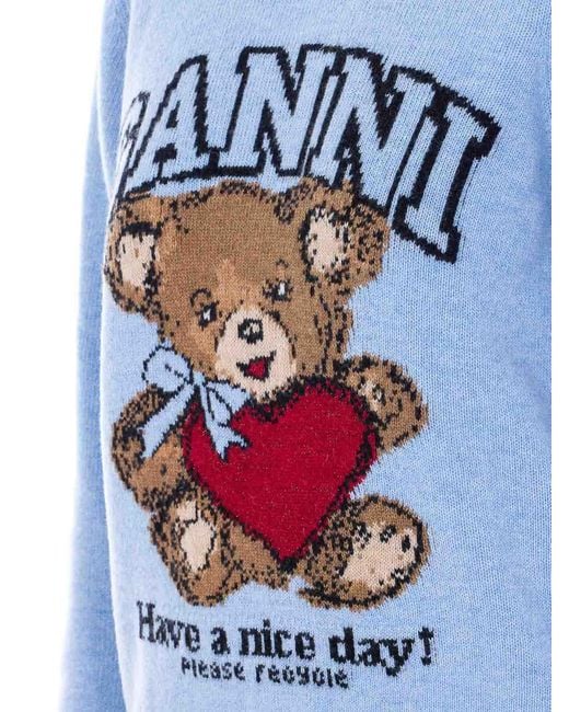 Ganni Blue Light Graphic Bear Sweater