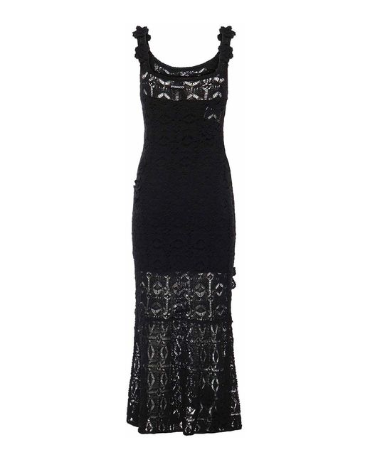 Pinko Black Crochet Midi Dress With Floral Appliques
