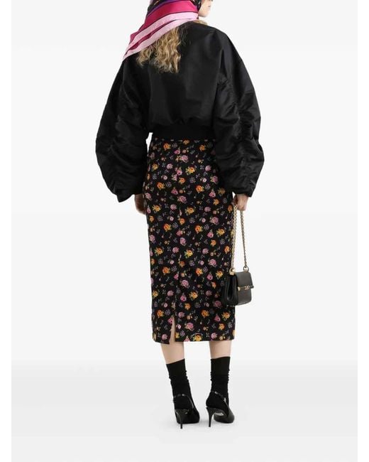 Dolce & Gabbana Black Small Rose Bouquets-Printed Midi Charmeuse Skirt