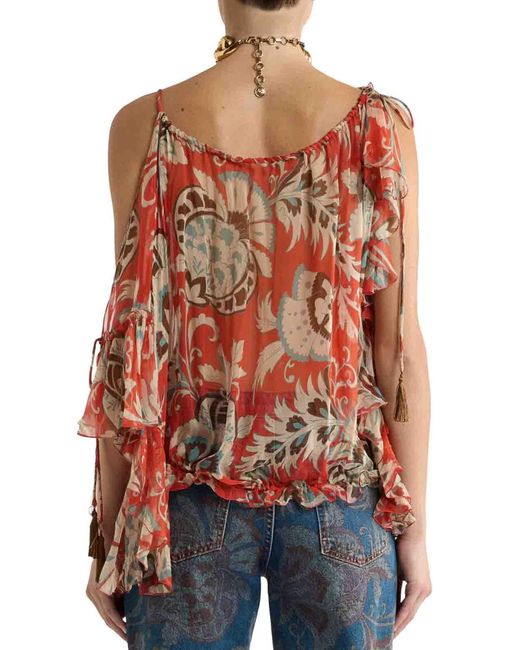 Etro Red Single-Sleeved Silk Top With Floral Pattern
