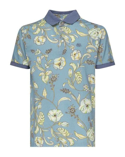 Etro Blue Floral Print Polo Shirt for men