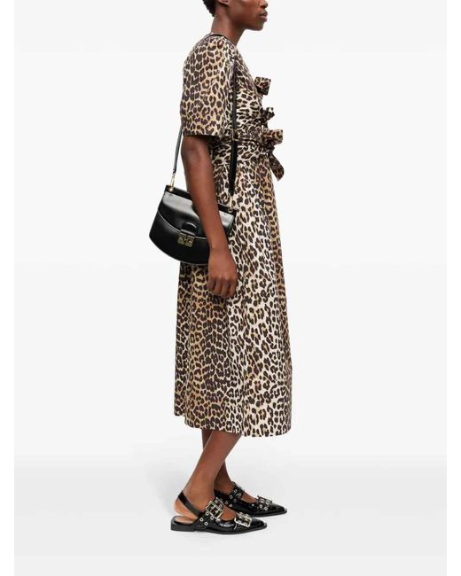 Ganni Multicolor Leopard Printed Cotton Tie Strap Midi Dress