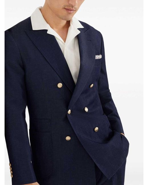 Brunello Cucinelli Blue Wool-linen Denim-effect Blazer for men
