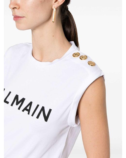 Balmain White Optical Button Shoulder Logo T-shirt