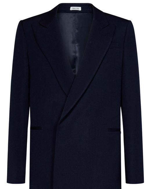 McQueen Blue Wool Belted Coat for men