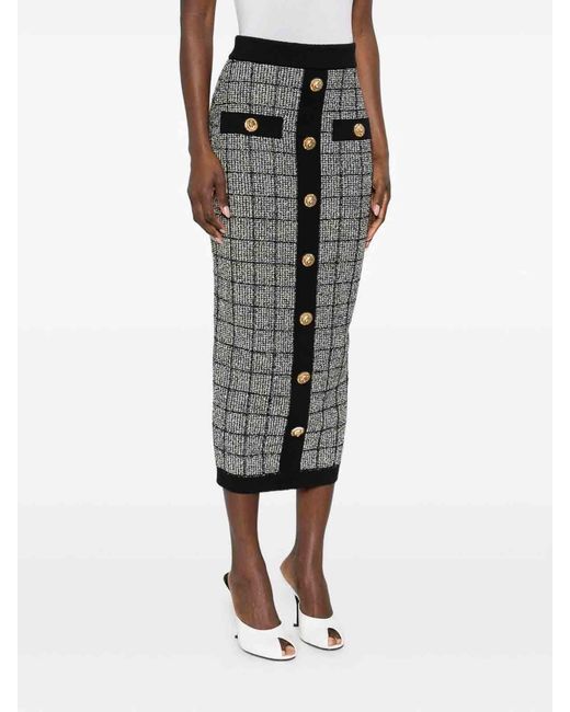 Balmain Gray Checked Tweed High-Rise Midi Pencil Skirt