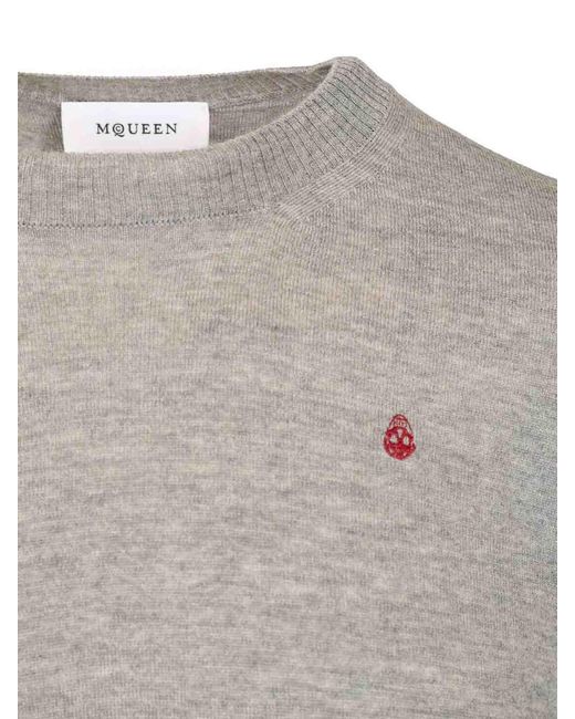 McQueen Gray Sweater With Reverse Skull Motif Embroidered Knitwear Grey for men