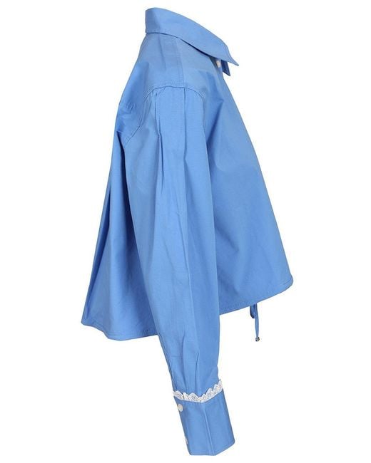 Ganni Blue Cotton Shirt With Lace Details