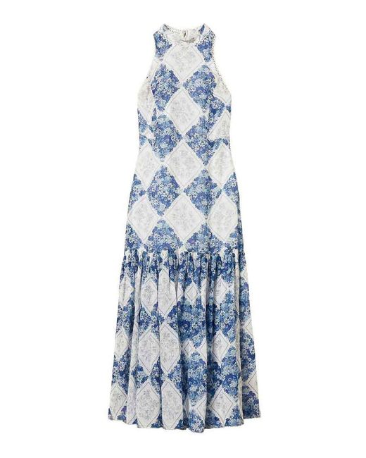 Twinset Blue Floral Print Long Dress With Pleated Details