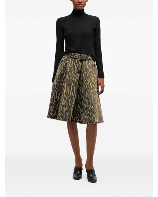 Ganni Green Leopard Midi Skirt With Belted Waist