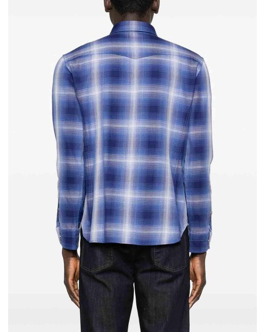 Tom Ford Blue Cotton Checked Shirt for men