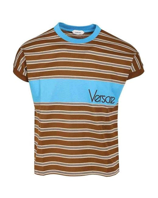 Versace Blue Striped Cotton T-Shirt With Inlay for men