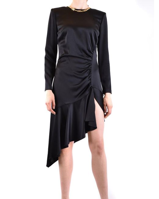 Elisabetta Franchi Black Asymmetric Hem High Neckline Long Sleeves Dress
