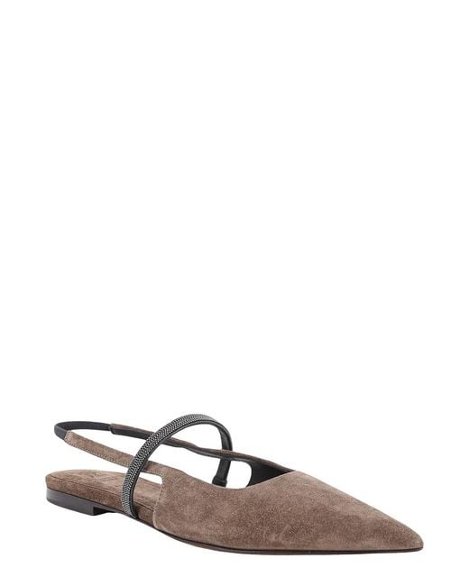 Brunello Cucinelli White Suede Ballerinas With Precious Strap