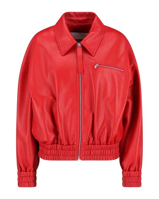 Jil Sander Red Leather Bomber Jacket