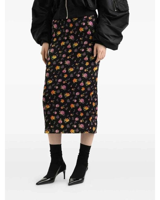 Dolce & Gabbana Black Small Rose Bouquets-Printed Midi Charmeuse Skirt