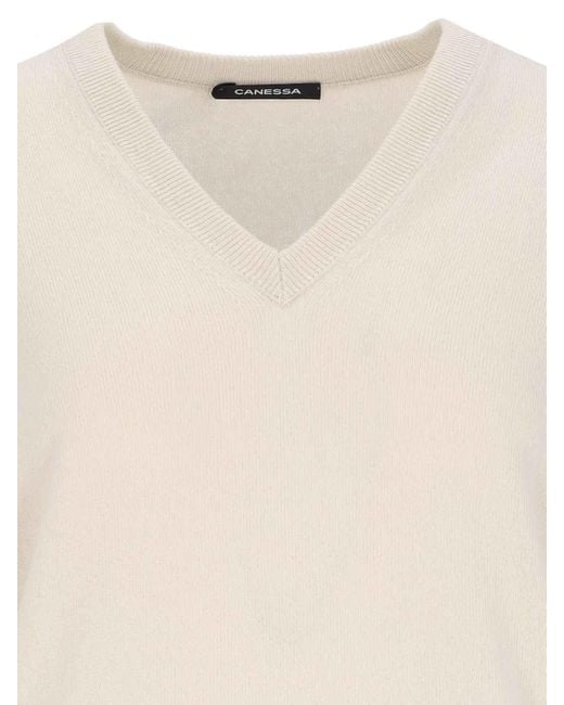 Canessa Natural Ribbed Cashmere V-Neck Sweater