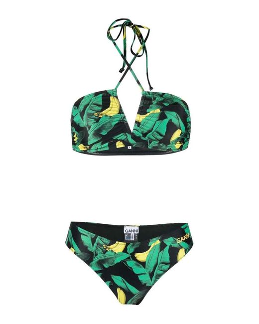 Ganni Green Recycled Printed Bikini Top + Slip