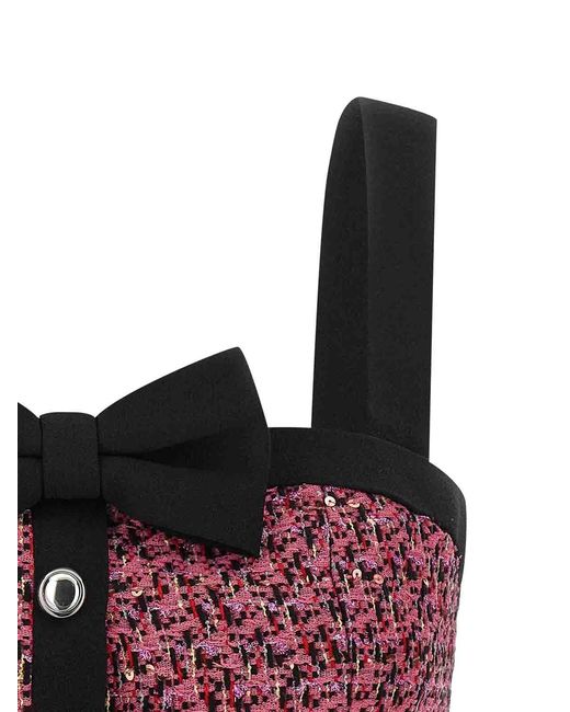 Alessandra Rich Red Wool Blend Tweed Top With Micro-Sequin Embroidery And Bow Detail