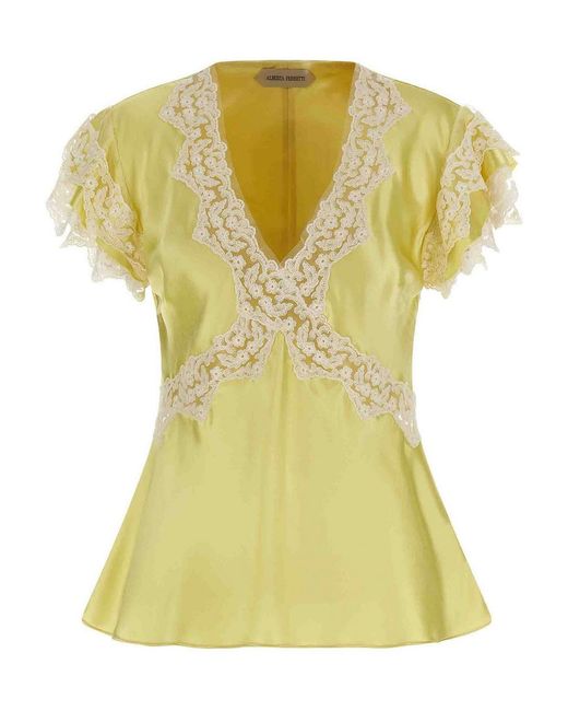 Alberta Ferretti Yellow Satin And Lace Top