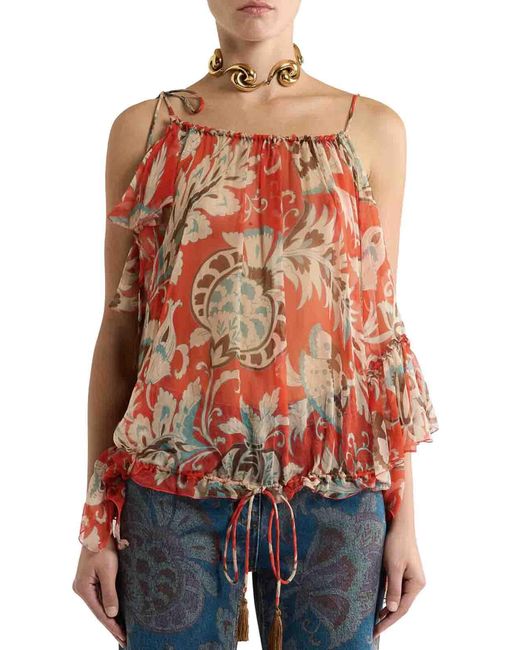 Etro Red Single-Sleeved Silk Top With Floral Pattern