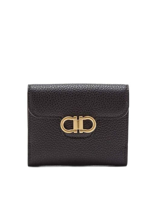 Ferragamo Black Gancini Grained Leather Compact Wallet