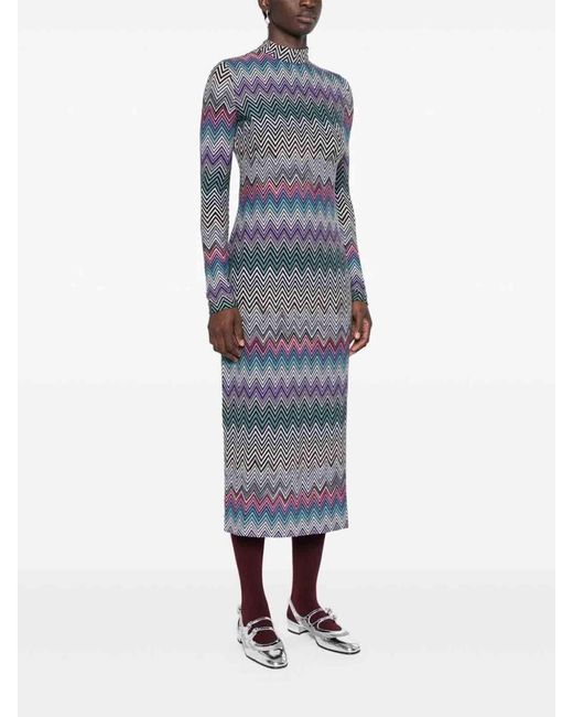 Missoni Gray Zig Zag Motif Wool Midi Dress