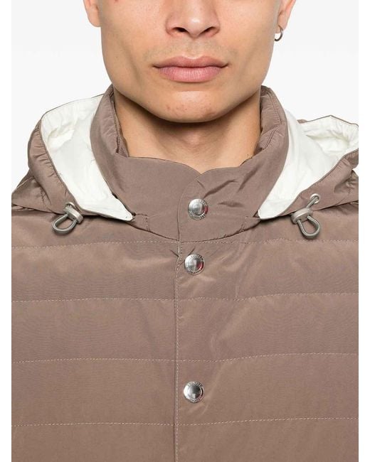 Brunello Cucinelli Brown Hooded Sleeveless Jacket Quilted Texture Pockets for men