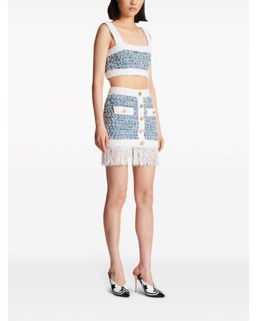 Balmain Blue Fringed Denim Tweed Skirt