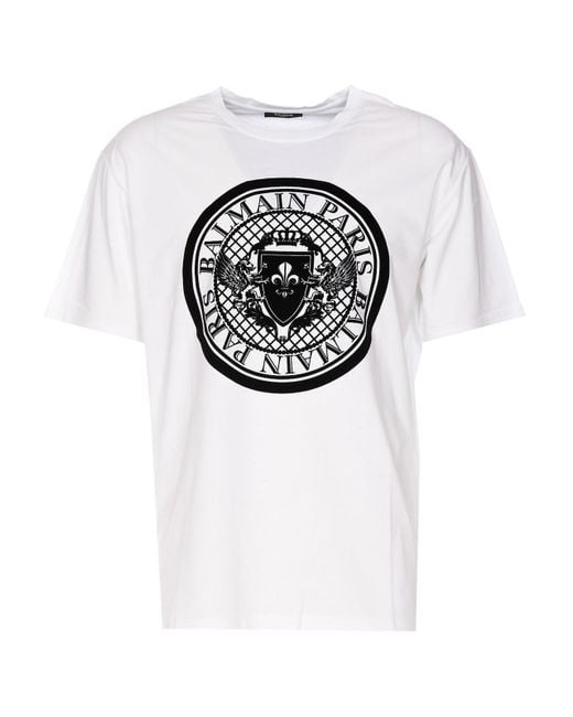 Balmain White Paris Coin Flock T-shirt for men