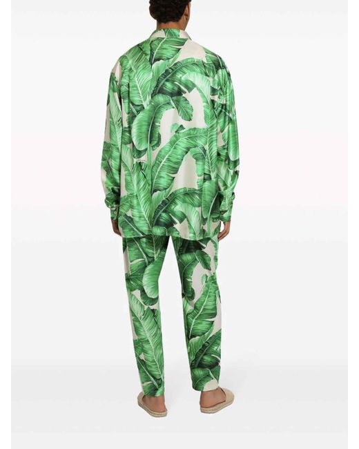 Dolce & Gabbana Green Oversize Silk Shirt With Banana-Tree for men
