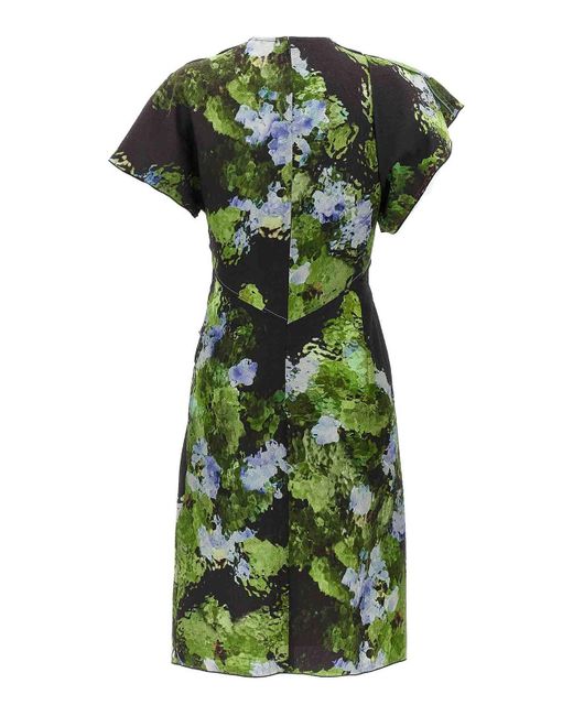 Victoria Beckham Green Floral Print Mini Dress With Cape-Style Sleeves