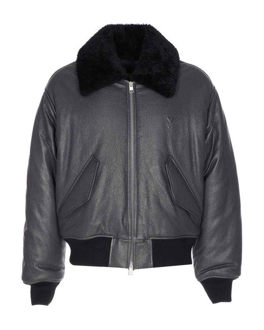 AMI Black Zip-Up Leather Bomber Jacket for men