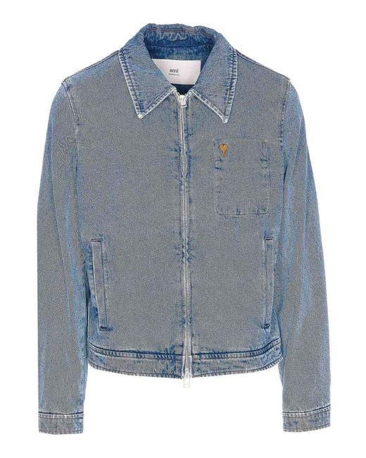 AMI Blue Denim Jacket Zip Closure for men