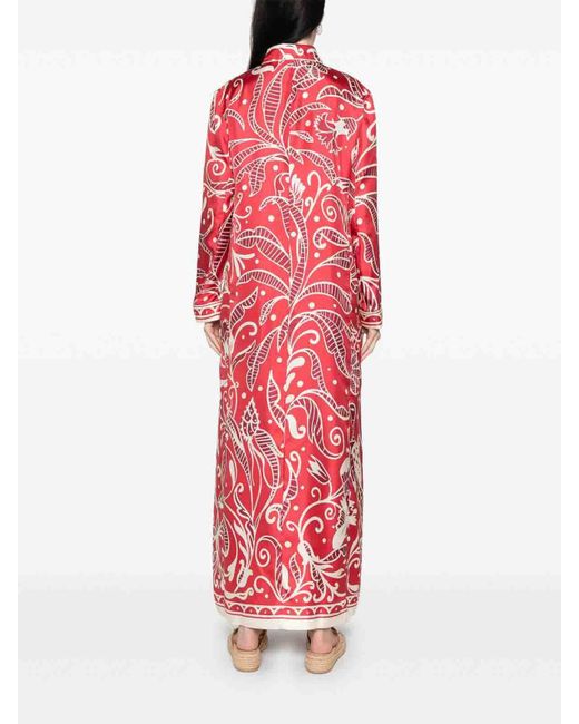F.R.S For Restless Sleepers Red Printed Silk Long Shirtdress