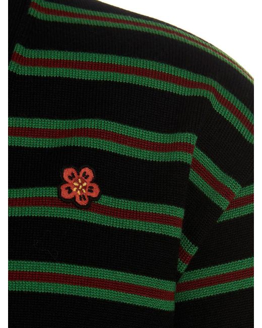 KENZO Black Flower Patch Striped Cardigan for men